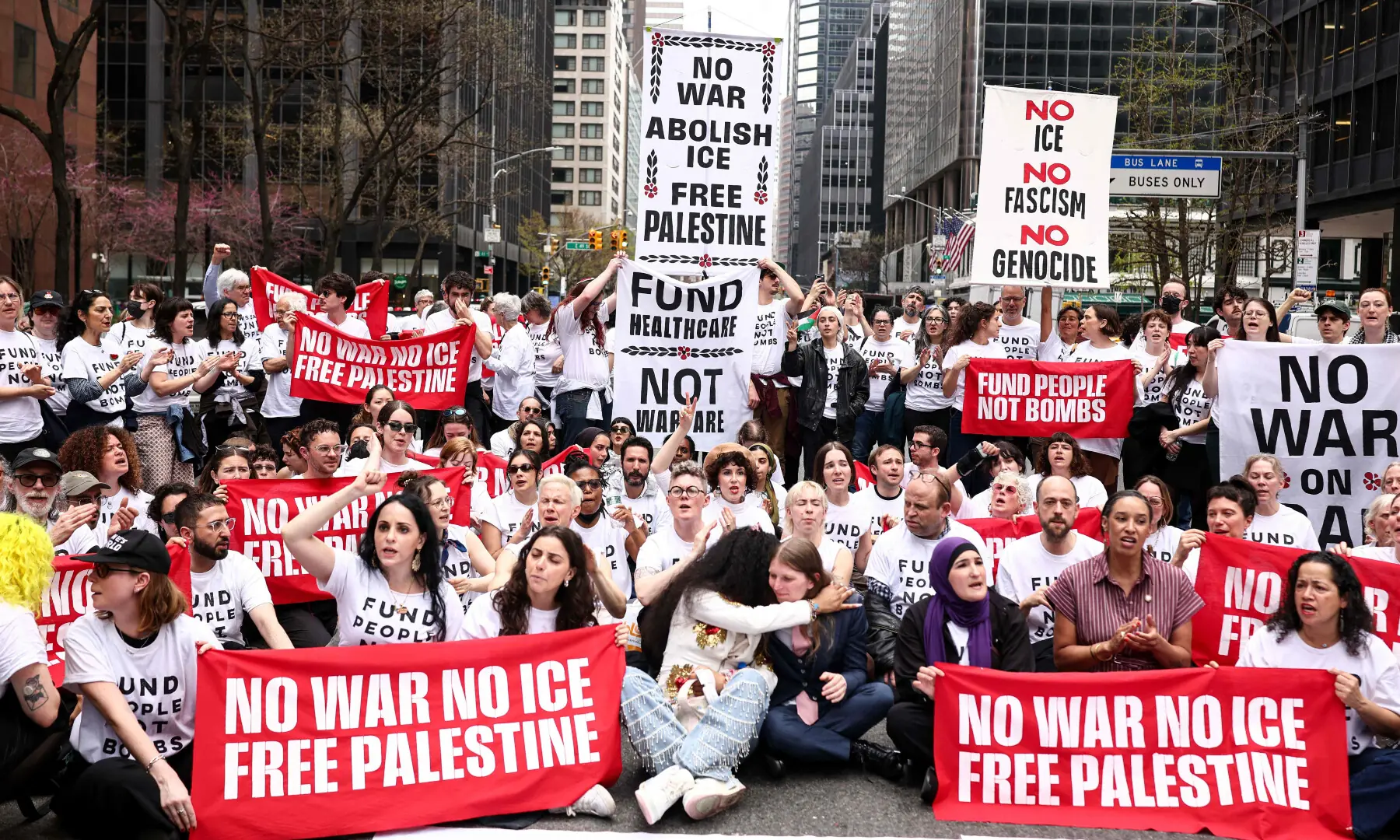 Protesters take part in a sit-in on Third Avenue in New York City on April 13, 2026. — AFP Protesters take part in a sit-in on Third Avenue in New York City on April 13, 2026. — AFP