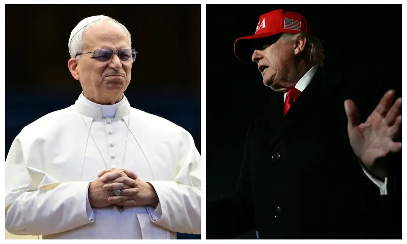This combination of file pictures created on April 13, 2026 shows Pope Leo XIV reacting during a Pentecost vigil prayer at St Peter&rsquo;s Square in the Vatican on June 7, 2025 (L) and US President Donald Trump speaking to the press upon arrival at Joint Base Andrews in Maryland on April 12, 2026 (R). &mdash; AFP