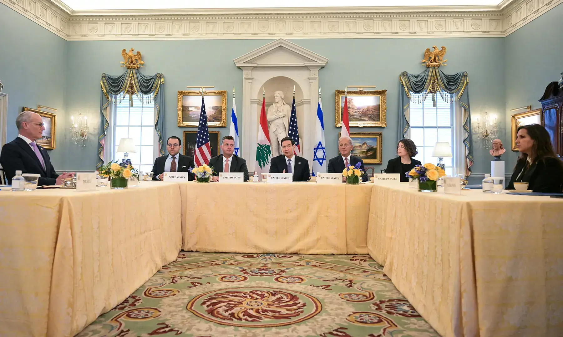 US Secretary of State Marco Rubio (C), alongside US State Department Counselor Michael Needham (3L) and US Ambassador to Lebanon Michel Issa (3R), speaks during a meeting with Lebanon&rsquo;s Ambassador to the US Nada Hamadeh Moawad (R) and Israeli Ambassador to the US Yechiel Leiter (L) at the State Department in Washington, DC, on April 14, 2026.  AFP