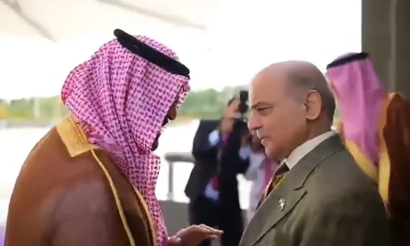 Prime Minister Shehbaz is greeted by Saudi officials upon his arrival in Jeddah, Saudi Arabia on April 15, 2026. &mdash; Screengrab via X/@PakPMO