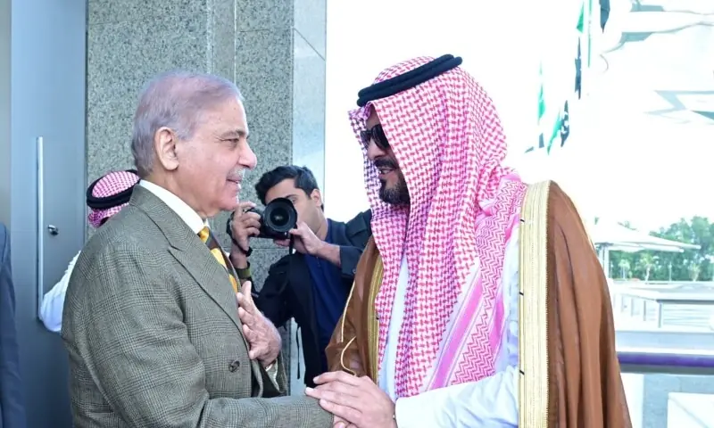Prime Minister Shehbaz is greeted by Saudi officials upon his arrival in Jeddah, Saudi Arabia on April 15, 2026. &mdash; Screengrab via X/@PTVNewsOfficial