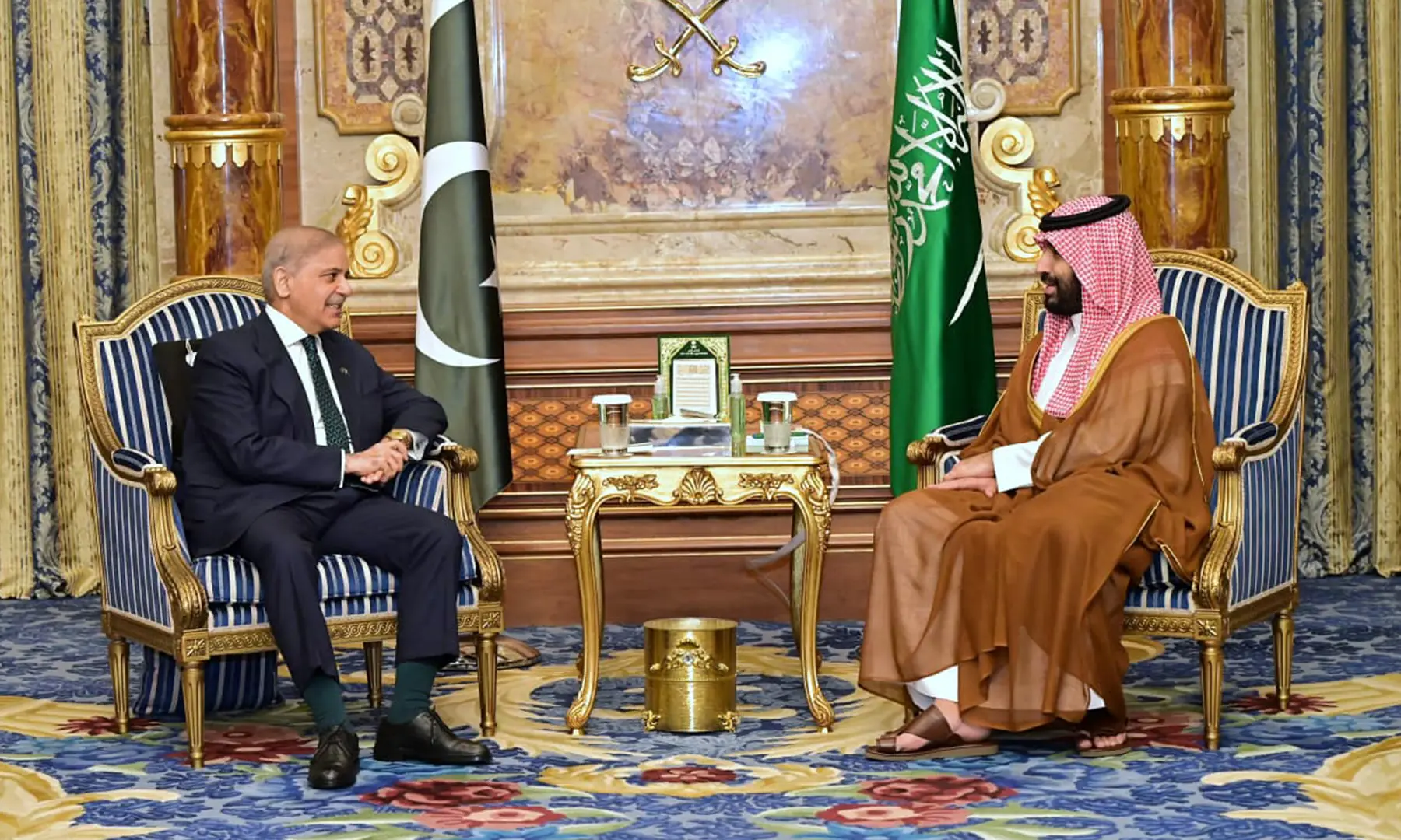 Prime Minister Shehbaz Sharif holds a meeting with Saudi Crown Prince Mohammed bin Salman after reaching Jeddah on April 15. &mdash;PMO