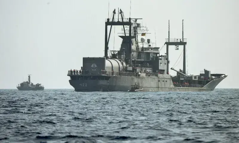 A Sri Lanka Navy vessel approaches an Iranian vessel during a rescue operation, a day after the crew of a distressed Iranian military ship, IRIS Dena were assisted in waters south of Sri Lanka, off the coast of Colombo, Sri Lanka on March 5.&mdash; Reuters/File