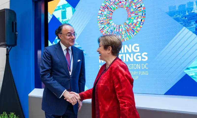 Finance Minister Muhammad Aurangzeb interacts with IMF Managing Director Kristalina Georgieva on the sidelines of the IMF–World Bank Spring Meetings 2026 in Washington, on April 15, 2026. — X/KGeorgieva Finance Minister Muhammad Aurangzeb interacts with IMF Managing Director Kristalina Georgieva on the sidelines of the IMF–World Bank Spring Meetings 2026 in Washington, on April 15, 2026. — X/KGeorgieva