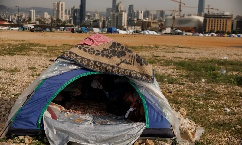 A tent belonging to a family who was displaced following Israeli evacuation orders stands at a makeshift encampment in Beirut, Lebanon, April 15, 2026. &mdash;Reuters