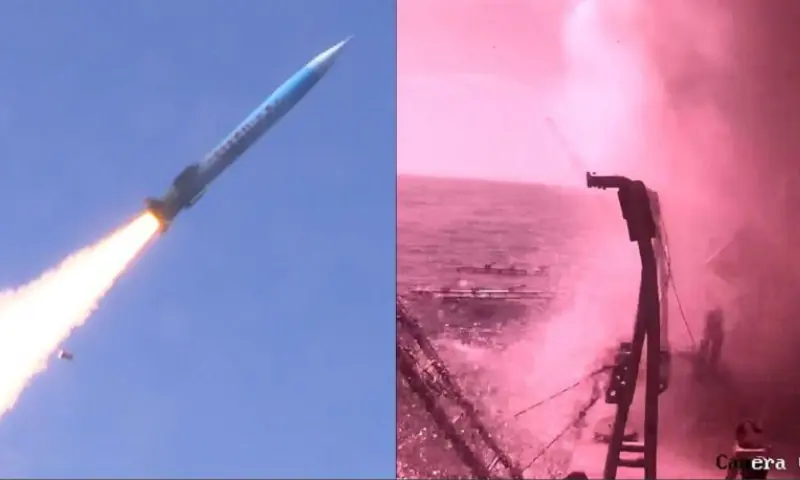A ship-launched anti-ship missile is fired by the Pakistan Navy. — photo courtesy ISPR A ship-launched anti-ship missile is fired by the Pakistan Navy. — photo courtesy ISPR