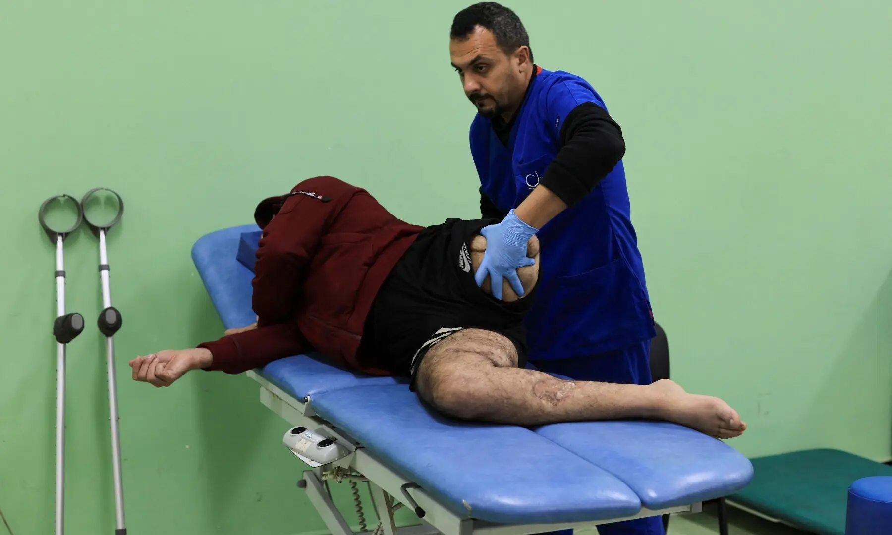 Palestinian amputee Hazem Foura, who lost one leg, receives treatment at Sheikh Hamad bin Khalifa Al-Thani Rehabilitation and Prosthetics Hospital, in Gaza City on April 2, 2026. &mdash; Reuters