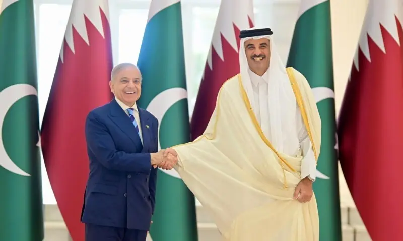 Prime Minister Shehbaz Sharif meets Qatar’s Emir Tamim bin Hamad bin Khalifa Al Thani on Thursday. — Photo courtesy PMO Prime Minister Shehbaz Sharif meets Qatar’s Emir Tamim bin Hamad bin Khalifa Al Thani on Thursday. — Photo courtesy PMO