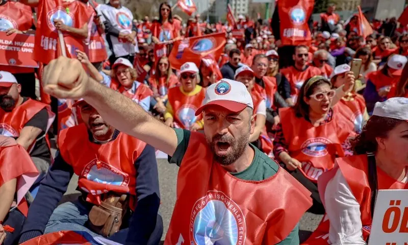 Teachers and members of education unions chant slogans during a protest against school shootings in Ankara on April 16, 2026. &mdash; AFP