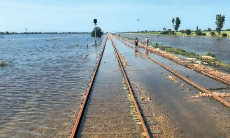 Floodwater submerges rail track between Sukkur and Nawabshah. — Dawn/File Floodwater submerges rail track between Sukkur and Nawabshah. — Dawn/File