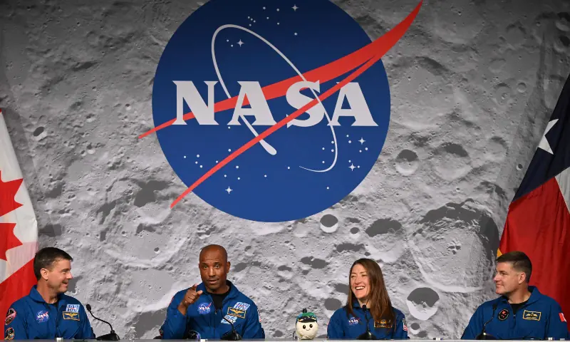 Nasa&rsquo;s Artemis II mission astronauts, commander Reid Wiseman, Victor Glover, Christina Koch and Canadian Space Agency&rsquo;s Jeremy Hansen speak during a press conference at Johnson Space Center in Houston, Texas, on April 16, 2026. &mdash; AFP