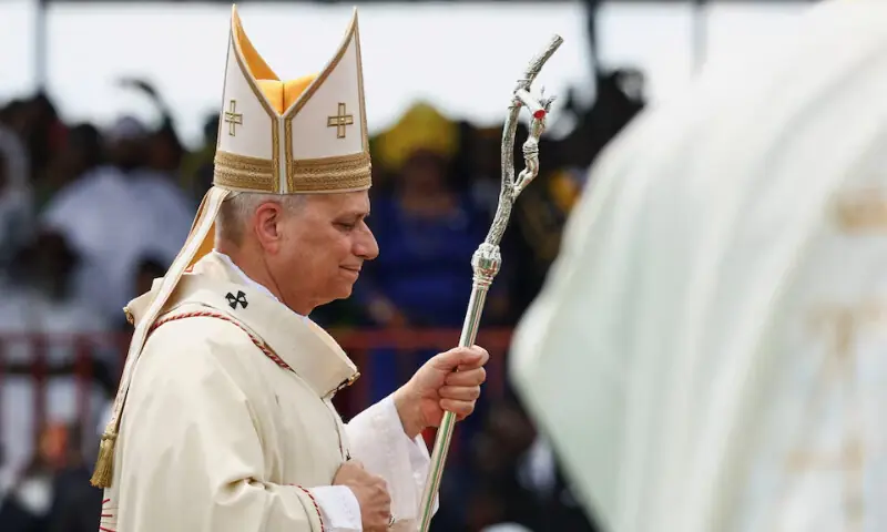 Pope Leo XIV arrives to hold a holy Mass near Japoma Stadium in Douala, Cameroon, April 17, 2026. &mdash; Reuters