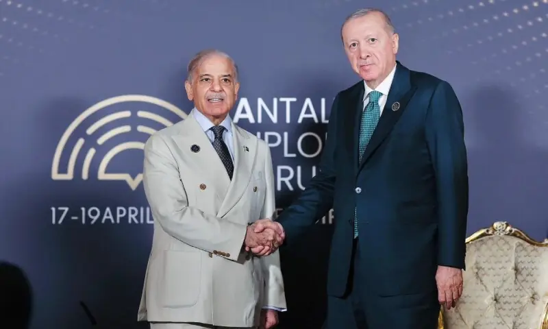 Prime Minister Shehbaz Sharif meets Turkish President Recep Tayyip Erdogan on the sidelines of the Antalya Diplomacy Forum. — Photo courtesy PMO Prime Minister Shehbaz Sharif meets Turkish President Recep Tayyip Erdogan on the sidelines of the Antalya Diplomacy Forum. — Photo courtesy PMO