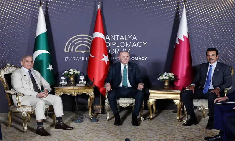 PM Shehbaz Sharif meets Turkish President Recep Tayyip Erdogan and Qatari Emir Sheikh Tamim bin Hamad Al Thani.&mdash;Reuters