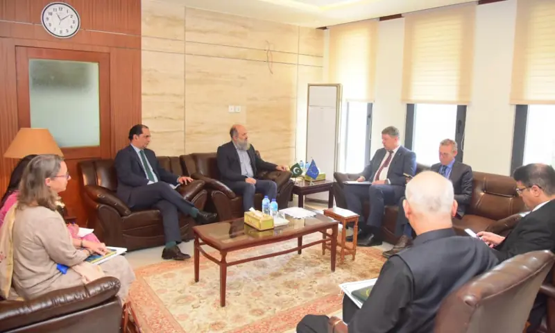 Commerce Minister Jam Kamal Khan holds a meeting with Raimundas Karoblis to discuss enhanced Pakistan-EU trade ties and the upcoming Pakistan-EU Business Forum on April 17. — PID Commerce Minister Jam Kamal Khan holds a meeting with Raimundas Karoblis to discuss enhanced Pakistan-EU trade ties and the upcoming Pakistan-EU Business Forum on April 17. — PID