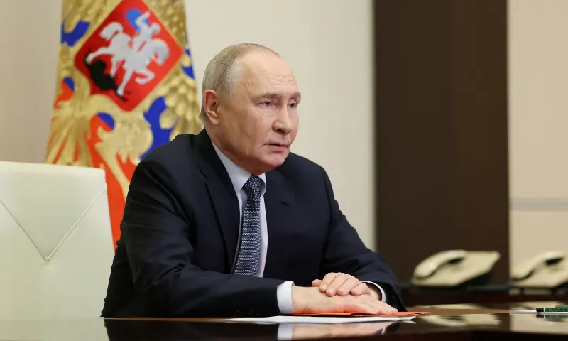 Russian President Vladimir Putin chairs a meeting with members of the Security Council via a video link at the Novo-Ogaryovo state residence outside Moscow, Russia on April 17, 2026. &mdash; Reuters