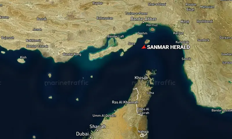 The tracked location of an Indian-flagged vessel, identified as the Sanmar Herald, as it begins turning back from the Strait of Hormuz near Larak Island at around 2am UTC (7am PKT) on April 18, 2026. — screengrab via marinetraffic.com The tracked location of an Indian-flagged vessel, identified as the Sanmar Herald, as it begins turning back from the Strait of Hormuz near Larak Island at around 2am UTC (7am PKT) on April 18, 2026. — screengrab via marinetraffic.com