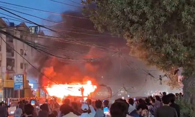 An angry mob torched a water tanker after the driver ran over and killed a motorcyclist. &mdash; Screengrab via video provided by author