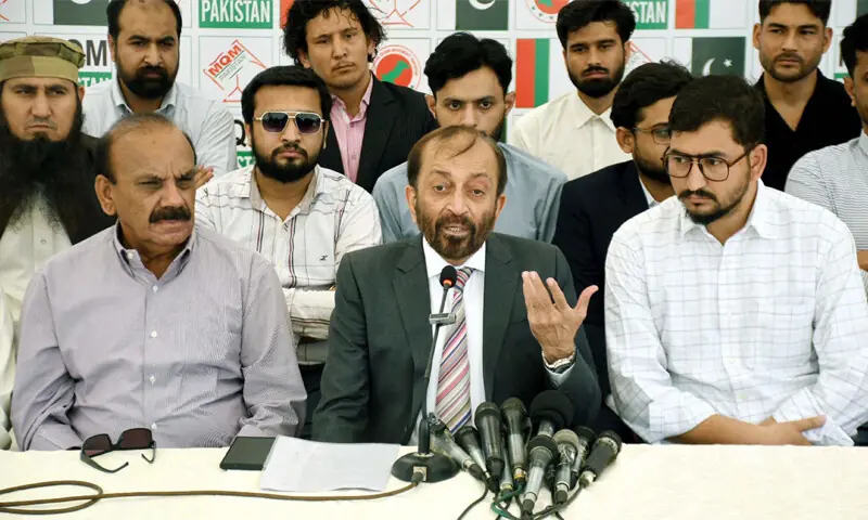 MQM-P leader Dr Farooq Sattar speaks, alongside others, at the press conference.—PPI MQM-P leader Dr Farooq Sattar speaks, alongside others, at the press conference.—PPI