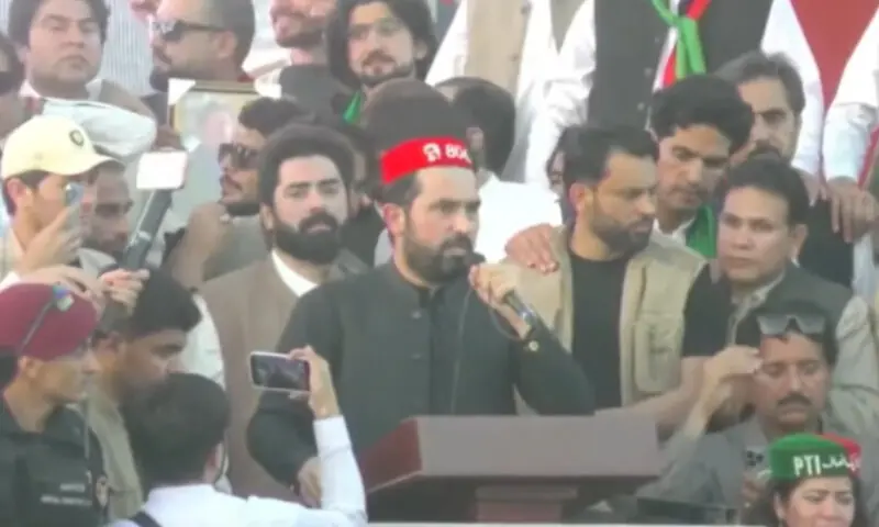 KP CM Sohail Afridi, addressing a public gathering in Mardan on April 19. Screengrab via X/@PTIofficial