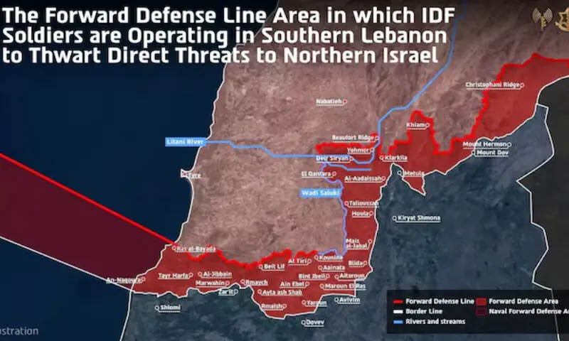 A handout graphic of a map, according to the Israeli military, shows the Forward Defense Line and the area in which they are operating in southern Lebanon, published on April 19, 2026. — Reuters A handout graphic of a map, according to the Israeli military, shows the Forward Defense Line and the area in which they are operating in southern Lebanon, published on April 19, 2026. — Reuters
