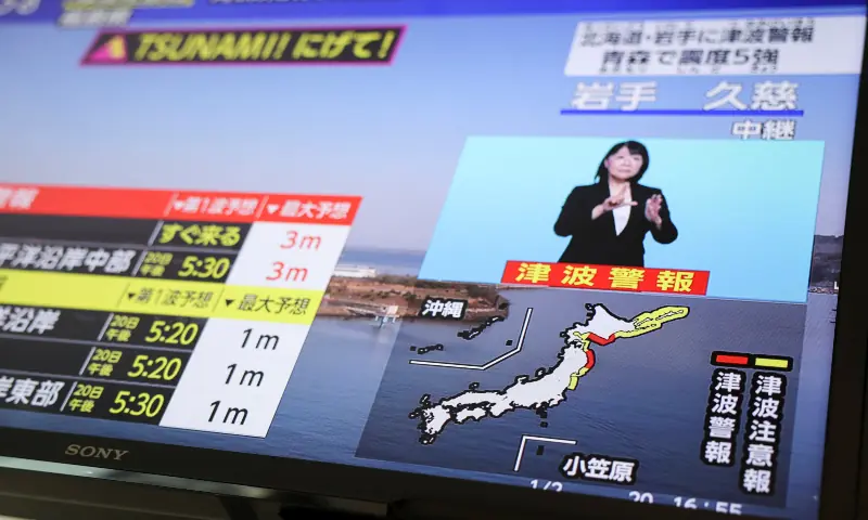 A television screen shows a news report on Japan Meteorological Agency&rsquo;s tsunami warning, saying it expected tsunami waves of up to 3 meters (9.84 feet) to reach large coastal areas in northern Japan after an earthquake with a preliminary magnitude of 7.4 struck off the northeastern coast of Japan, in Tokyo, Japan on April 20, 2026. &mdash; AFP