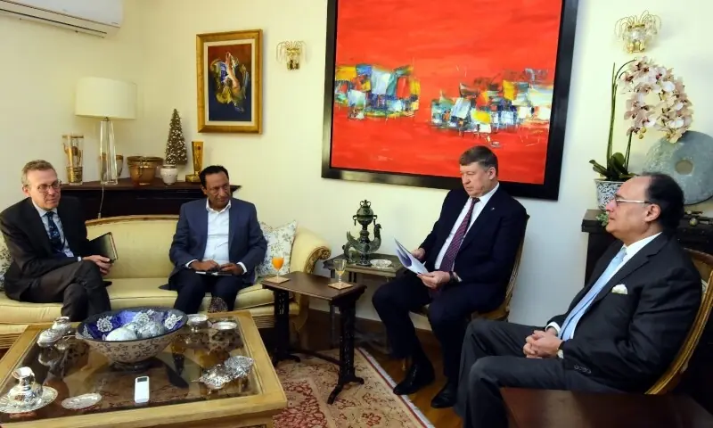 Finance Minister Muhammad Aurangzeb holds a meeting with European Union Ambassador to Pakistan Raimundas Karoblis in Islamabad on April 21, 2026. &mdash;Financegovpk/X