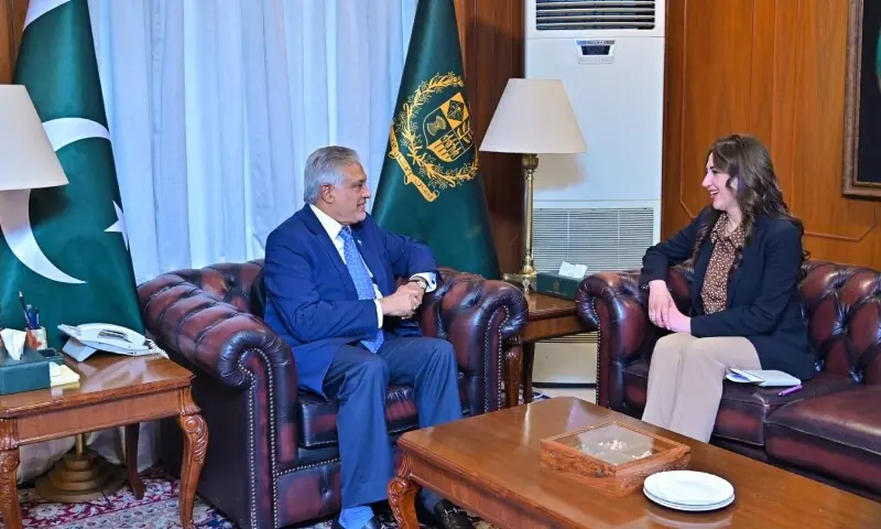 Deputy Prime Minister and Foreign Minister Ishaq Dar meets US Charg&eacute; d&rsquo;Affaires Natalie Baker on Tuesday. &mdash; Photo courtesy FO