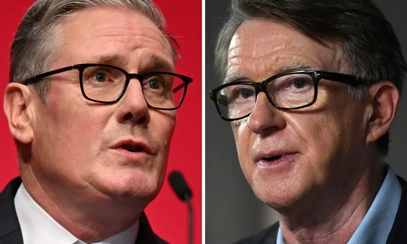 This combination of file photos created on February 5, 2026 shows Britain&rsquo;s Prime Minister Keir Starmer (L) and British Labour Party politician Peter Mandelson (R). &mdash;AFP