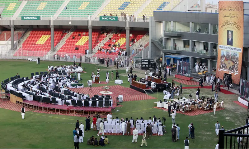Chief Minister Sohail Afridi and other lawmakers take part in a special ‘Open Session’ of the Khyber Pakhtunkhwa Assembly, held at the Imran Khan Cricket Stadium in Peshawar.—Shahbaz Butt / White Star Chief Minister Sohail Afridi and other lawmakers take part in a special ‘Open Session’ of the Khyber Pakhtunkhwa Assembly, held at the Imran Khan Cricket Stadium in Peshawar.—Shahbaz Butt / White Star