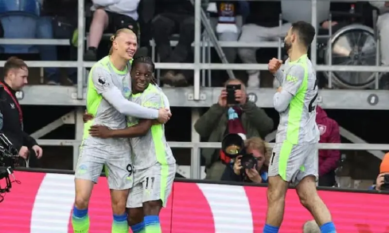 Manchester City&rsquo;s Erling Haaland celebrates scoring their first goal with Jeremy Doku and Rayan Ait-Nouri. &mdash; Reuters