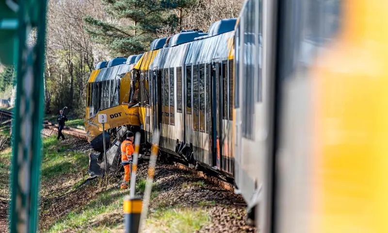 A damaged train is pictured after two trains collided between the towns of Hillerod and Kagerup, north of Copenhagen, leaving many injured, on April 23, 2026. &mdash; AFP