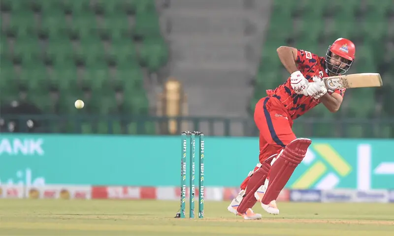 LAHORE: Karachi Kings batter Khushdil Shah plays a stroke during the Pakistan Super League match against Lahore Qalandars at the Gaddafi Stadium on Thursday.&mdash;Murtaza Ali/White Star