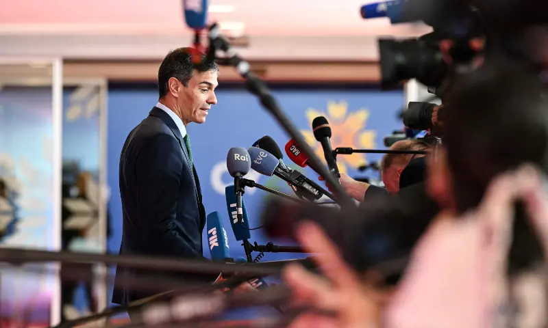 Spain&rsquo;s Prime Minister Pedro Sanchez speaks to journalists as he arrives for an informal meeting of the European Council in Nicosia on April 24, 2026. &mdash; AFP