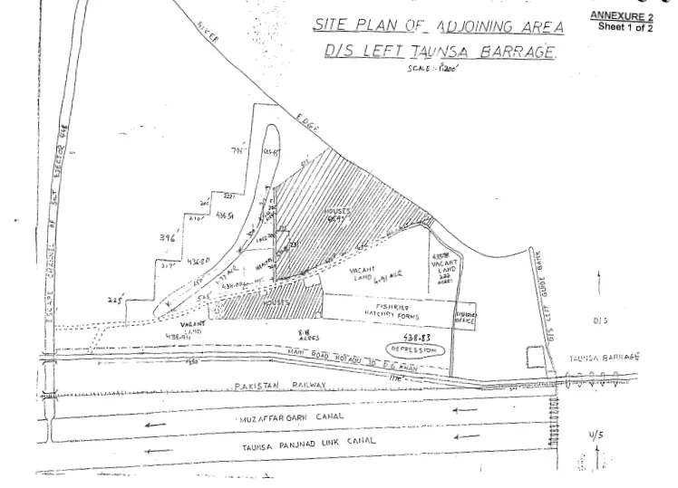  A map showing the site plan for the World Bank Taunsa Barrage Rehabilitation Project. &mdash; World Bank Resettlement Action Plan document. 