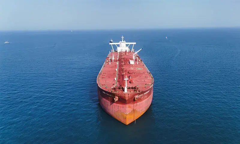 A DRONE view shows the Malta-flagged Agios Fanourios-I, an oil tanker that sailed through the Strait of Hormuz, arriving in Iraq&rsquo;s territorial waters off Basra.&mdash;Reuters