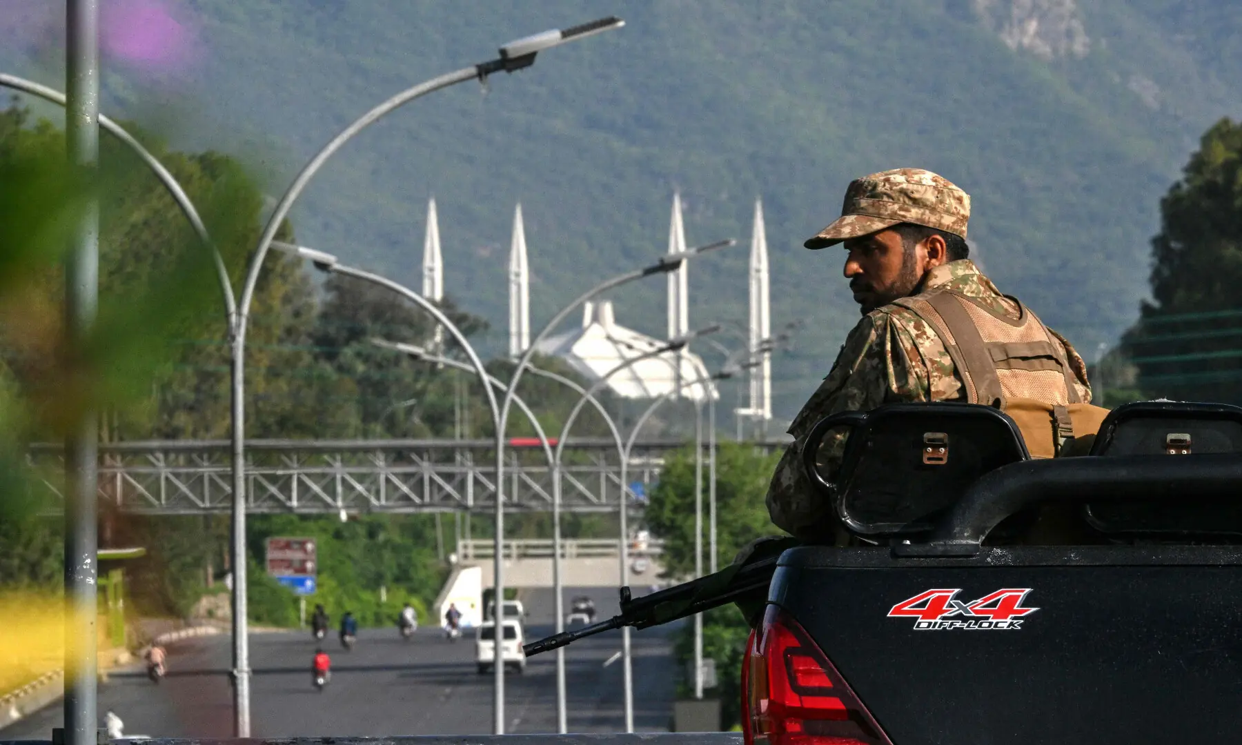 An army personnel keeps watch in the Red Zone area of Islamabad on April 25, 2026. &mdash; AFP