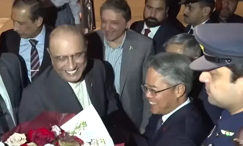 President Asif Ali Zardari receives a bouquet of flowers upon his arrival in Changsu, China on April 26. &mdash; Screengrab via X/@PresOfPakistan