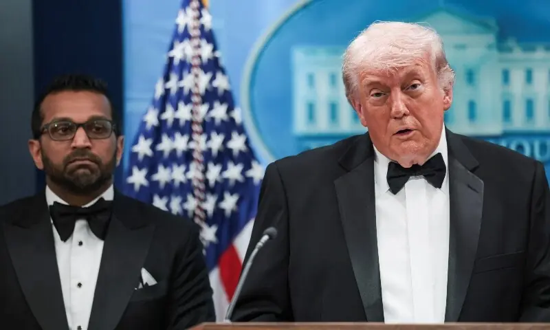 U.S. President Donald Trump speaks next to Federal Bureau of Investigation (FBI) Director Kash Patel at a press briefing at the White House, following a shooting incident during the annual White House Correspondents Association dinner, in Washington, D.C., U.S., April 25. &mdash; Reuters