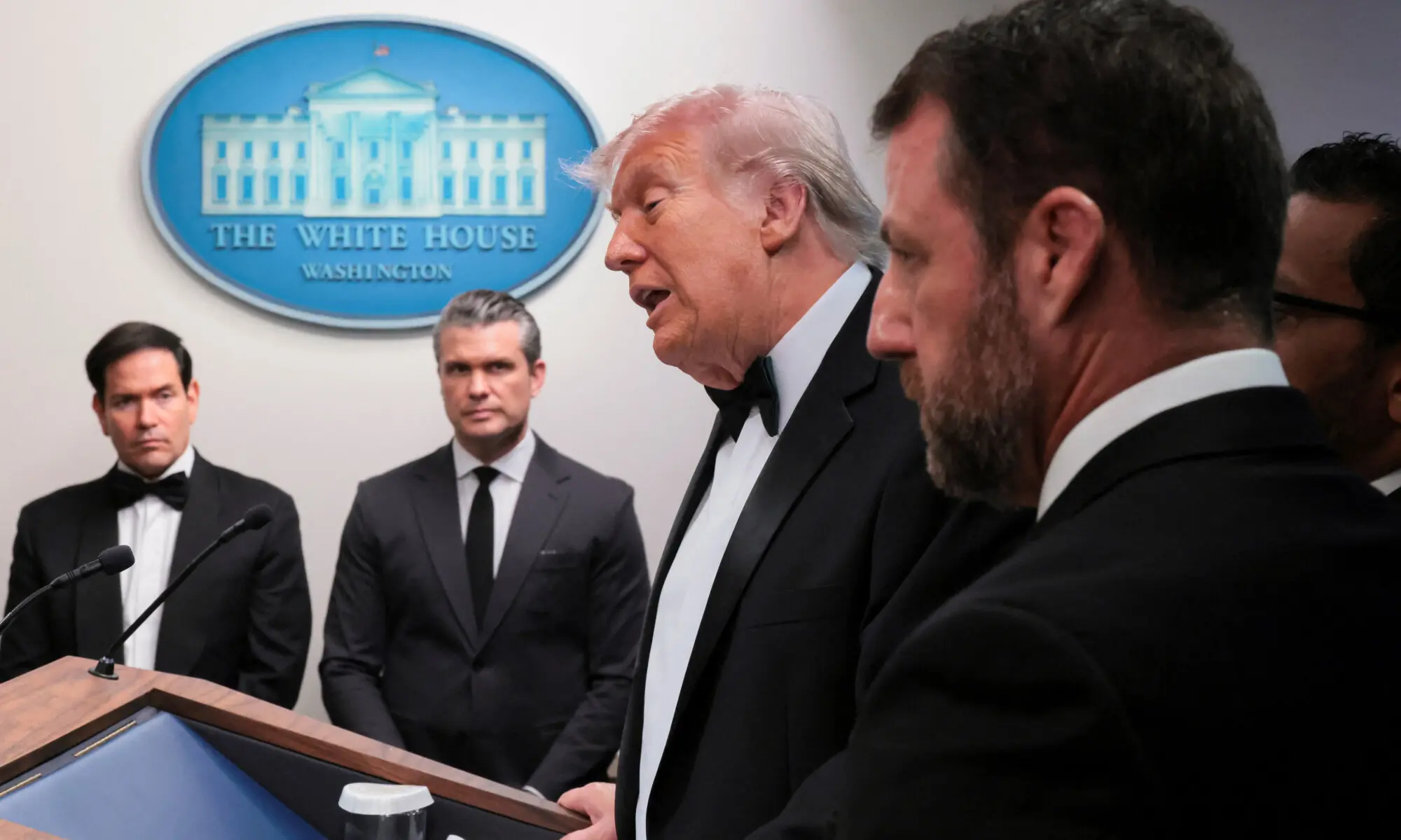 US President Donald Trump holds a press briefing at the White House, following a shooting incident during the annual White House Correspondents&rsquo; Association dinner, in Washington, DC, US, April 25. &mdash; Reuters