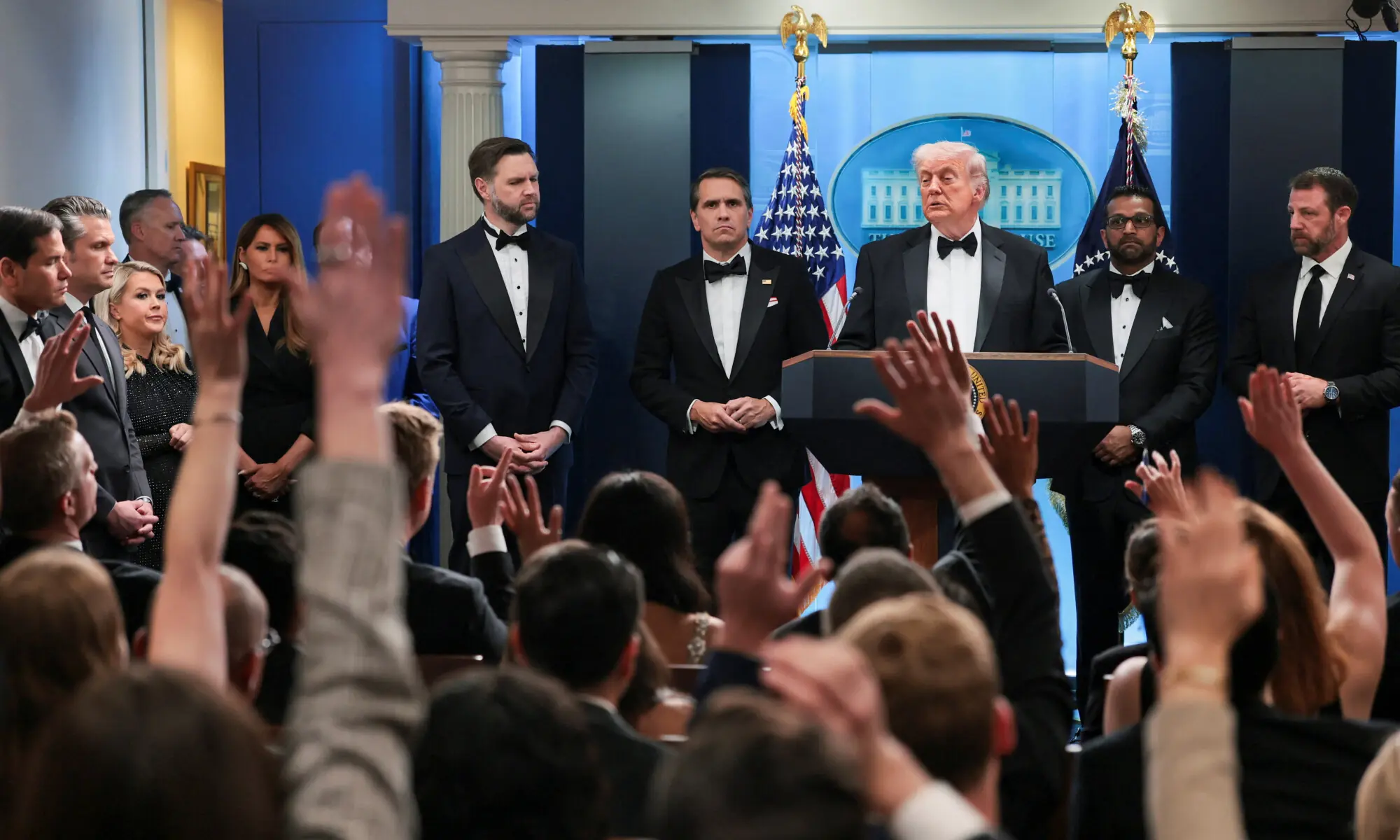 US President Donald Trump takes questions from media as he speaks next to Federal Bureau of Investigation (FBI) Director Kash Patel, acting Attorney General Todd Blanche, Vice President JD Vance and Homeland Security Secretary Markwayne Mullin at a press briefing at the White House, following a shooting incident during the annual White House Correspondents&rsquo; Association dinner, in Washington, DC. ─ Reuters