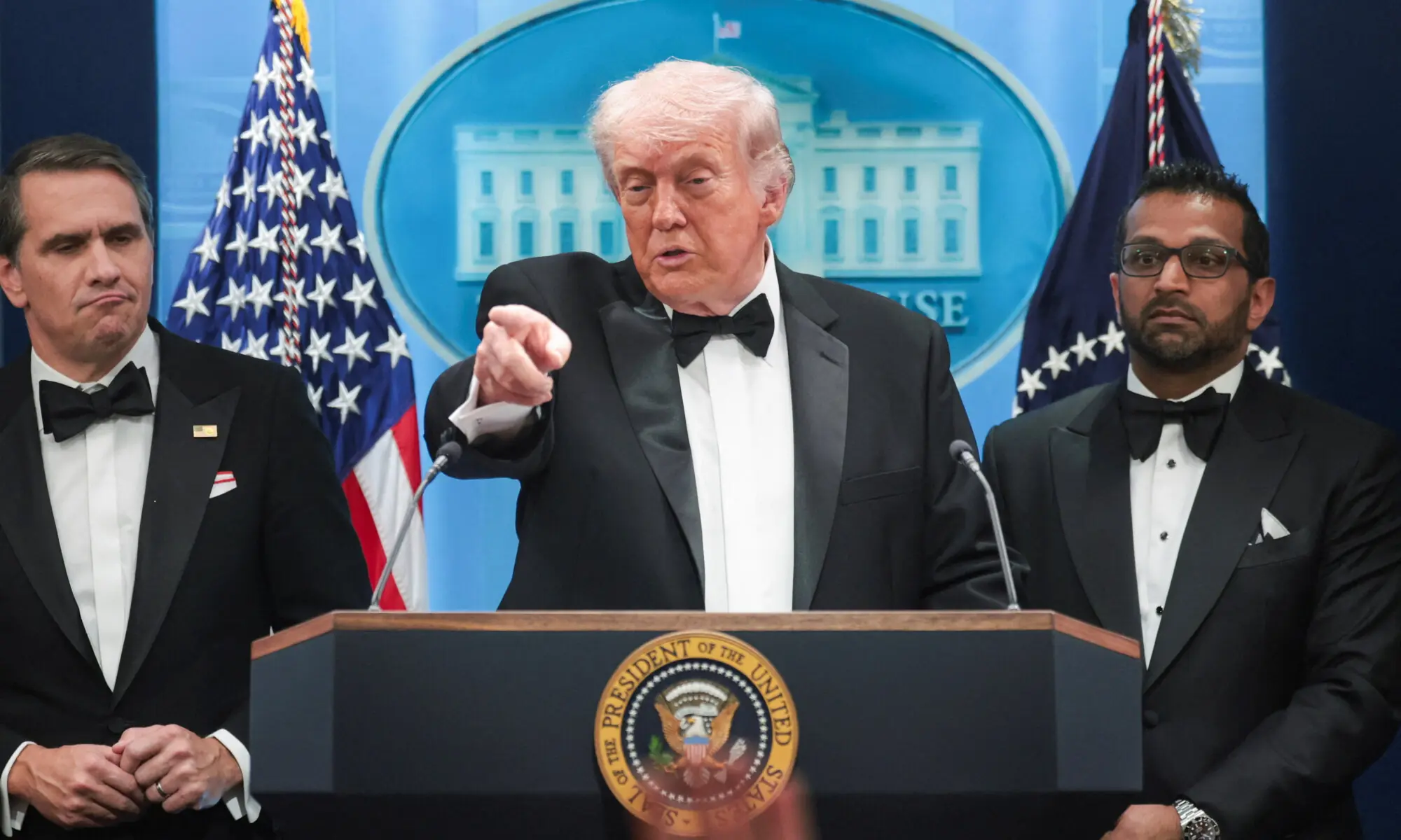 U.S. President Donald Trump speaks next to Federal Bureau of Investigation (FBI) Director Kash Patel, and acting Attorney General Todd Blanche at a press briefing at the White House, following a shooting incident during the annual White House Correspondents&rsquo; Association dinner, in Washington, DC. ─ Reuters