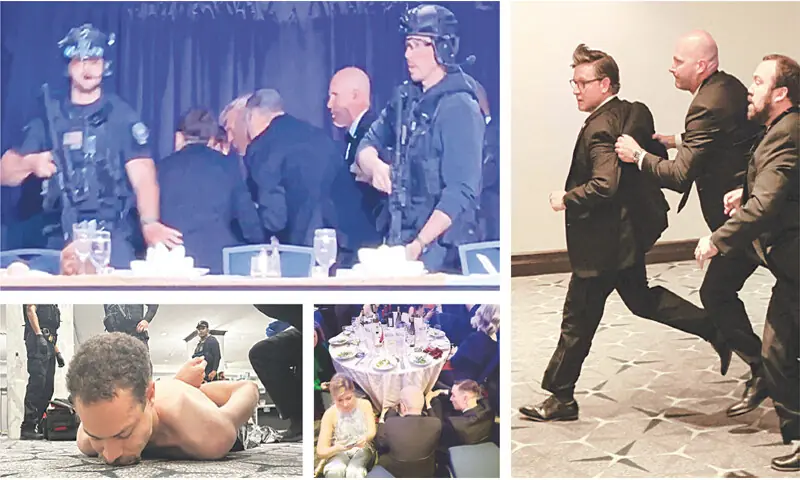 (CLOCKWISE from top left) President Donald Trump is escorted out after shots rang out during the annual White House Correspondents&rsquo; Association dinner; House Speaker Mike Johnson is evacuated by Secret Service officials; guests take cover behind a table; and, an image released by Trump on his Truth Social account shows the suspect on the ground after being apprehended.&mdash;Reuters / AFP