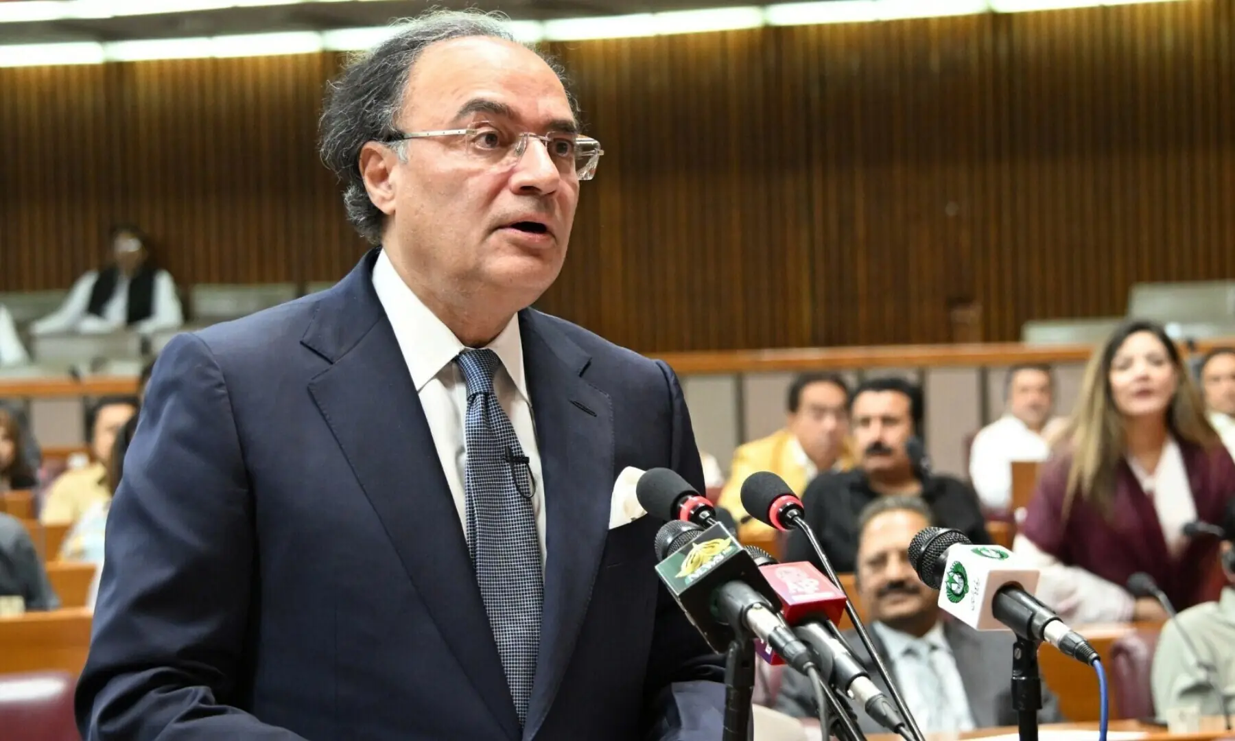Finance Minister Muhammad Aurangzeb presenting the budget for FY26 during a noisy session of the National Assembly on Tuesday, June 10, 2025. &mdash; National Assembly/ X