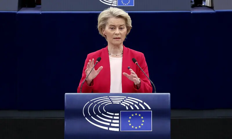 President of the European Commission Ursula von der Leyen speaks during a debate on urgent decisive steps and unwavering support for Ukraine, as part of a plenary session at the European Parliament, in Strasbourg, France, on March 11. &mdash; AFP/File