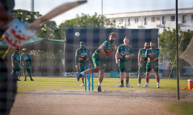 KARACHI: Peshawar Zalmi all-rounder Iftikhar Ahmed bowls in the nets during a training session at the HPC Oval on Monday.&mdash;Courtesy Peshawar Zalmi