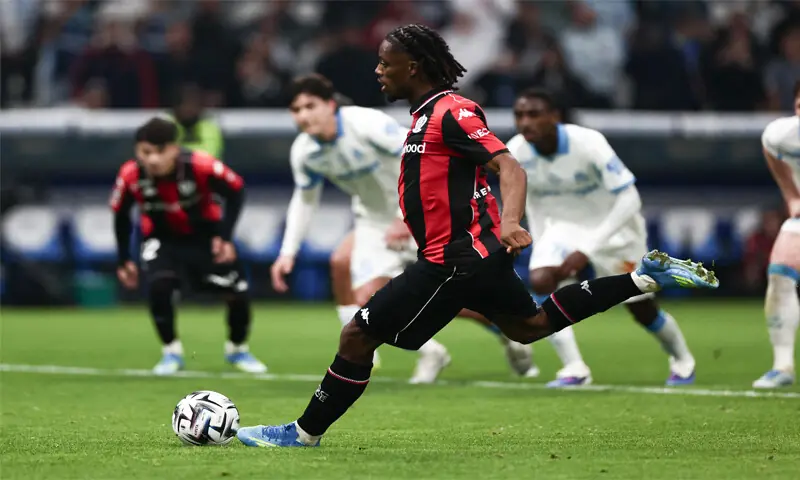 MARSEILLE: Nice&rsquo;s Elye Wahi takes a penalty during the Ligue 1 match against Olympique de Marseille at the Velodrome Stadium.&mdash;AFP