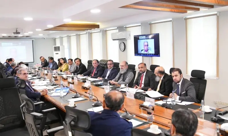 Finance Minister Muhammad Aurangzeb chairs a meeting of the Economic Coordination Committee in Islamabad on April 27. &mdash; PID