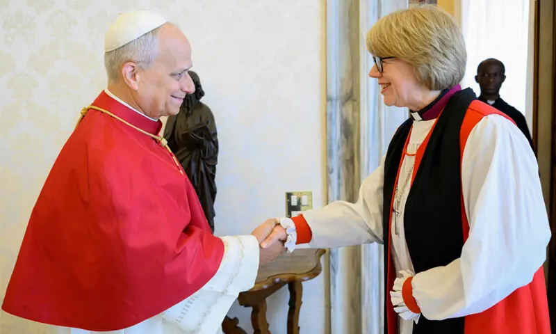 POPE Leo XIV (left) shakes hands with Sarah Mullally, Archbishop of Canterbury, at the Vatican.&mdash;AFP