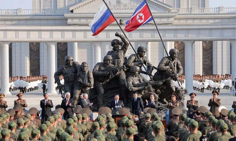 RUSSIA&rsquo;s Defence Minister Andrey Belousov and Duma (parliament) chairman Vyacheslav Volodin clap as North Korean leader Kim Jong Un speaks during the inauguration of a museum in memory of soldiers killed fighting for Russia in the Ukraine war.&mdash;Reuters